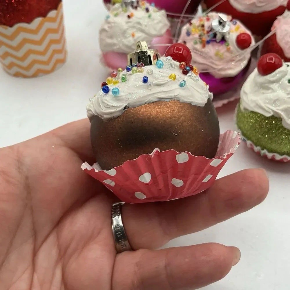 Lot of 13 Handmade Faux Cupcake Christmas Tree Ornaments Glitter Holiday Decor